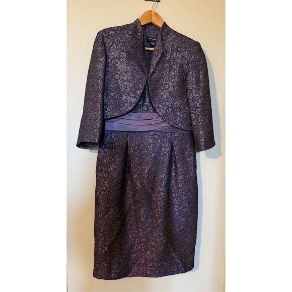 R&M Richards 6 Dress & Jacket 2-PC Set Plum Purple Jacquard Swirl Wedding Guest - Picture 6 of 15